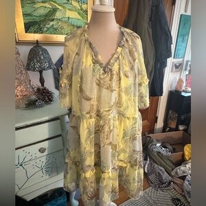 H&M Floral Chiffon Ruffle Dress 8 Yellow Gray Fully Lined Dressy VGUC Boho Style
